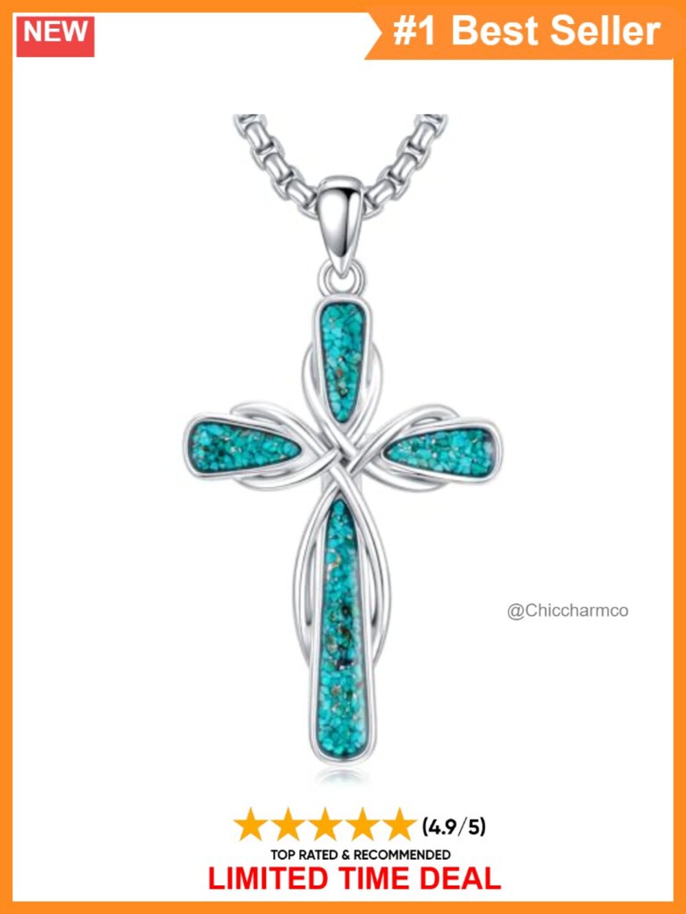 925 Sterling Silver Turquoise Cross Pendant Necklace 22in Adjustable